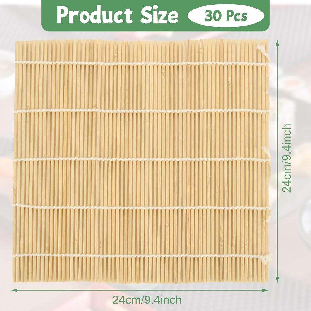 QTLCOHD 30 Pcs Bamboo Sushi Rolling Mat 9.5 x 9.5 Inch Bamboo Mats for Sushi Making Nonstick Kimbap Roller Bulk for Home Sushi Roll Party