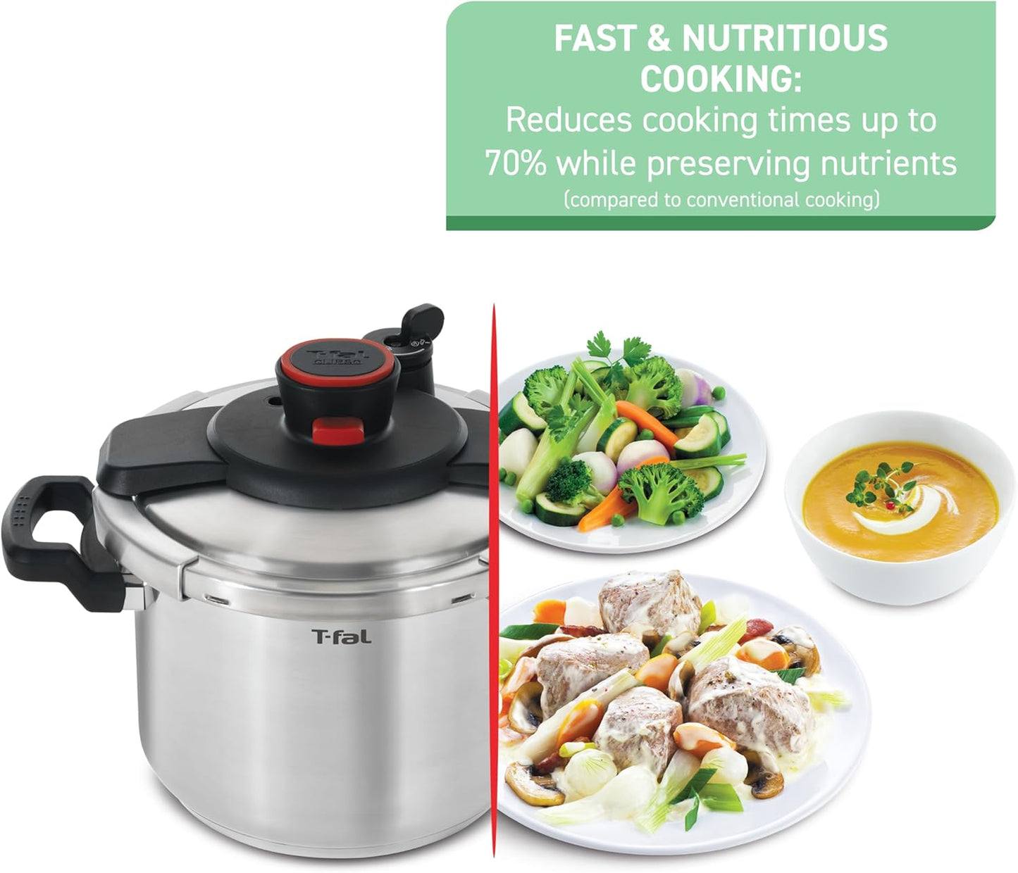 T-fal Clipso Stainless Steel Pressure Cooker 8 Quart, Induction Compatible, Secure locking System, One Hand System, Fast Cooking, Recipe Book Included, Cookware, Pots and Pans, Dishwasher Safe, Silver