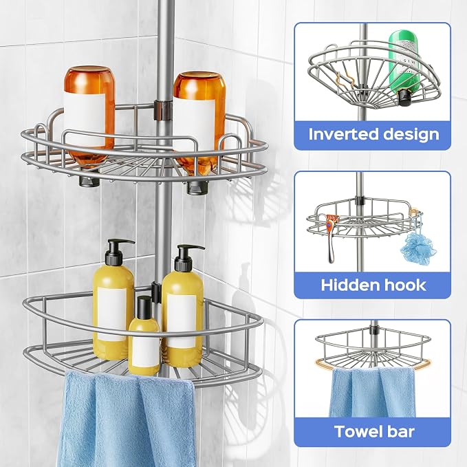 HAMITOR Shower Caddy Tension Pole: 4-Tier Corner Rustproof Bathroom Organizer - Image 5