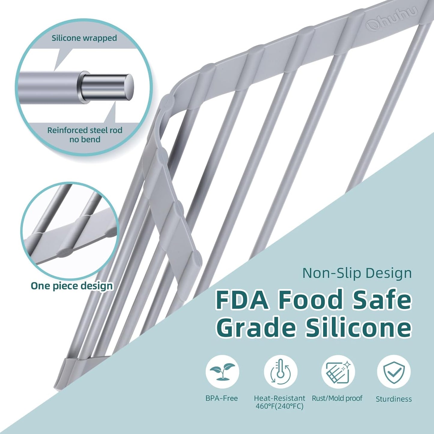 Ohuhu Triangle Roll Up Dish Drying Rack, Anti-Slip Organizer for Kitchen Sink Drying Rack with Full Silicone Wrapped for Top of Sink Coner Grey