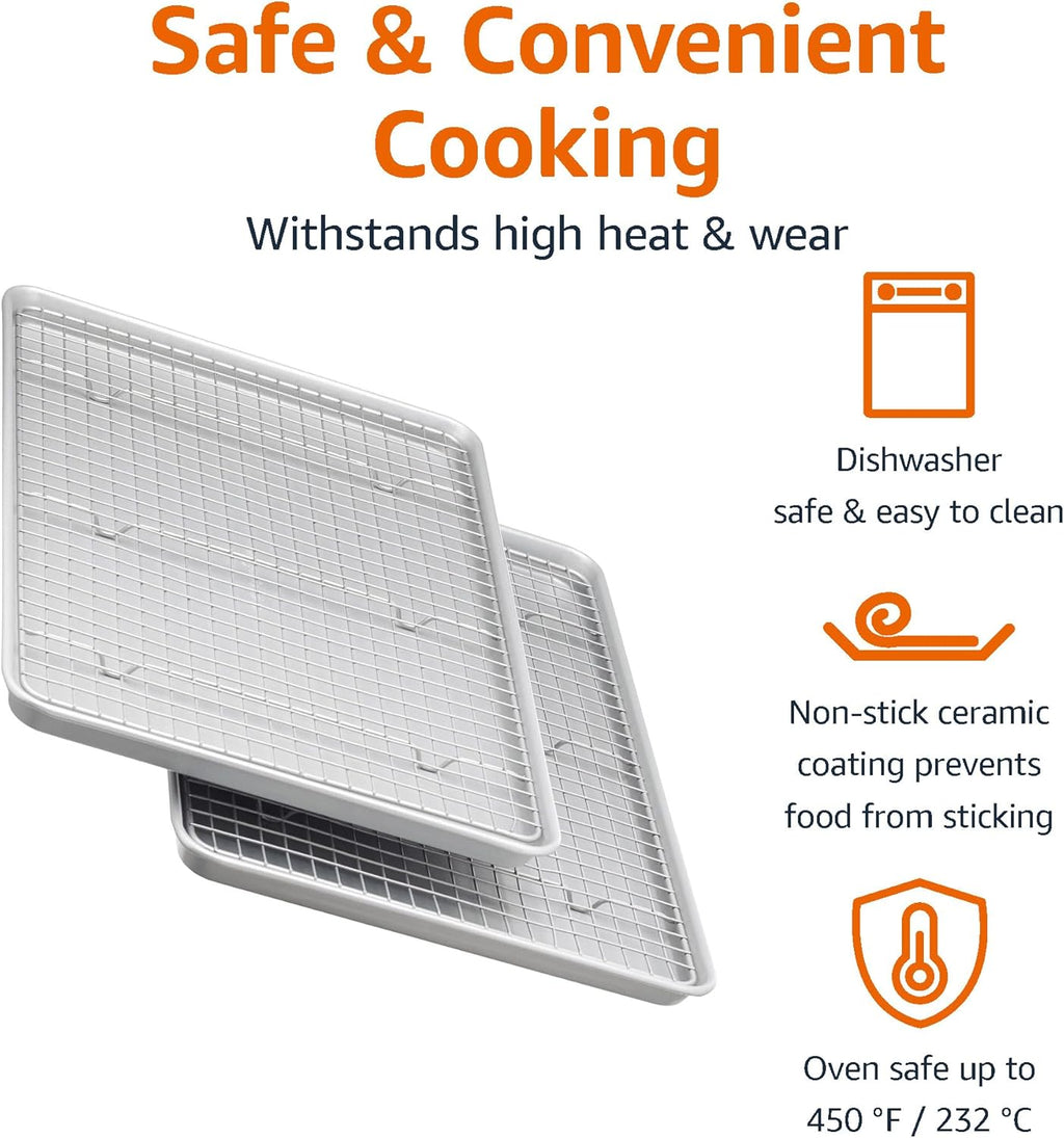 Amazon Basics Ceramic Nonstick Baking Sheets & Cooling Rack Set, Non-Toxic, Half Sheet Size, 2-Pack, Gray