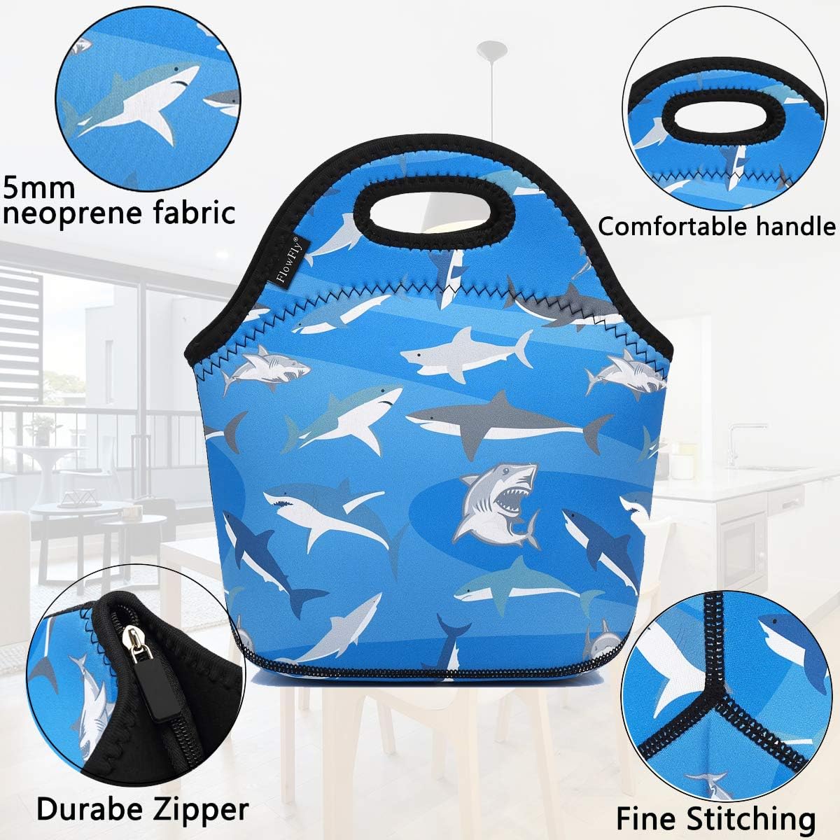 FlowFly Neoprene Kids Lunch box Insulated Soft Bag Mini Cooler Thermal Meal Tote Kit for Boys, Girls,Men,Women,School,Work, Office, Shark