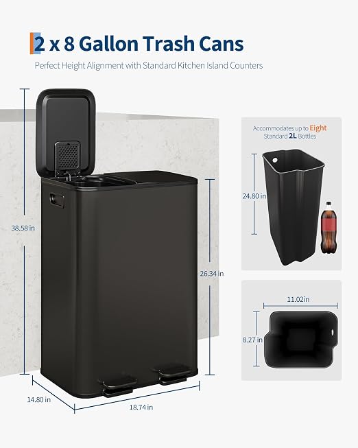 GarveeHome 2 x 8 gal Stainless Steel Double Trash Can - Image 6