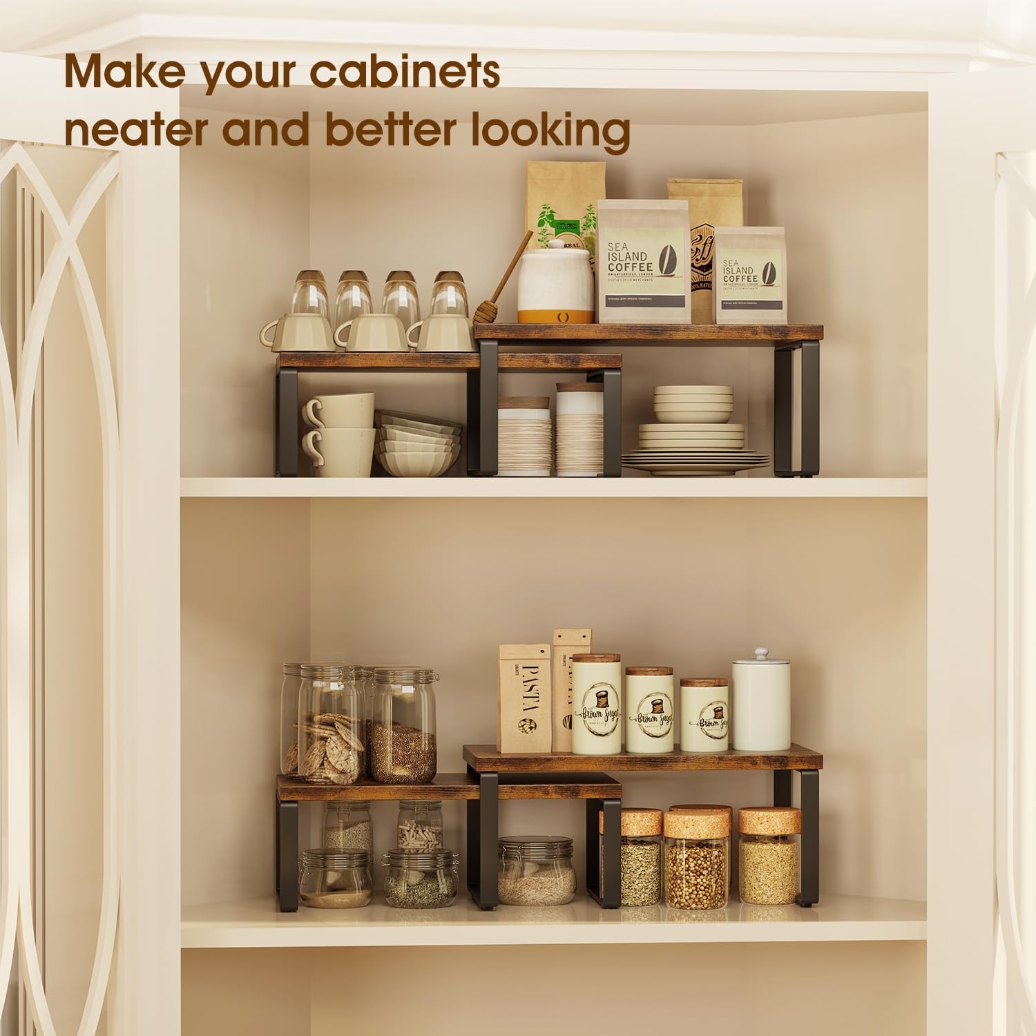 Homeiju Kitchen Cabinet Organizer 15.75'' Width,Set of 4 Cabinet Shelf Organizers,Stackable & Expandable Kitchen Countertop Organizer,Spice Rack for Pantry Countertop Cupboard Cabinet Desk Top