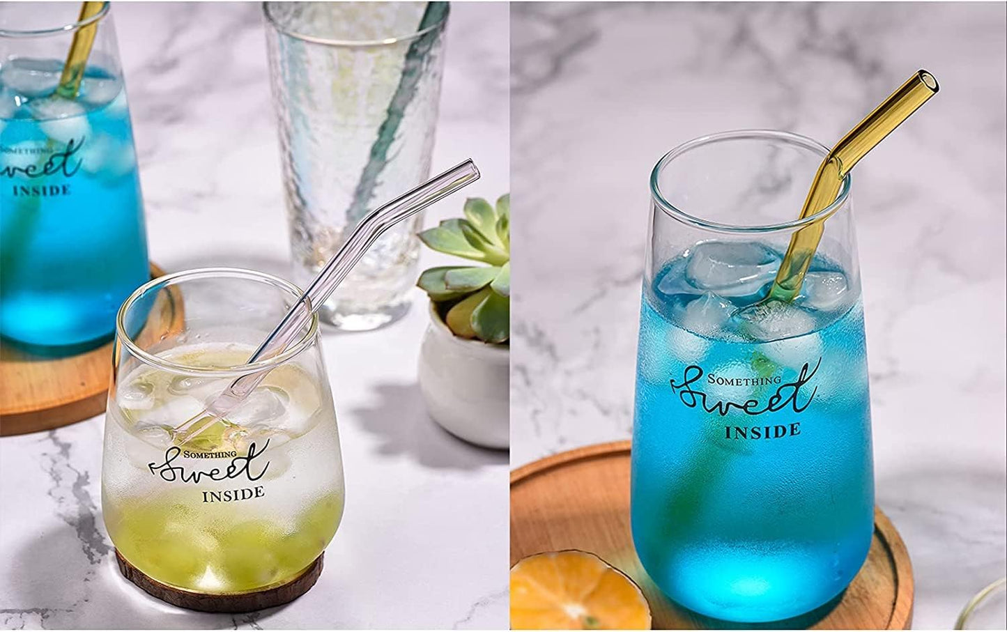 6 Reusable Colorful Curved Glass Straws, 8 Inches, Shatterproof and Heat-Resistant, Includes 2 Cleaning Brushes.
