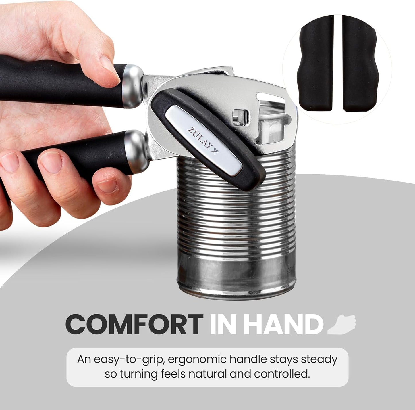 Zulay Kitchen Heavy Duty Stainless Steel Can Opener Manual with Bottle Opener - Rust Proof Manual Can Opener With Turn Knob & Comfy Soft Grip Handles - Black