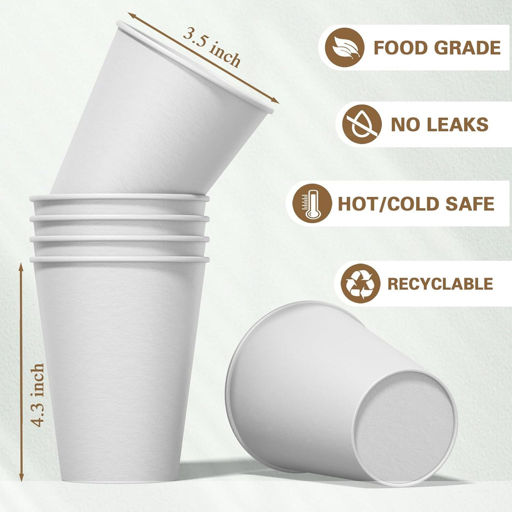 100 count 12 oz Coffee Cups, Leak-Proof Paper Cups 12 oz, Sturdy White Disposable Paper Coffee Cups for Cold and Hot Drinks