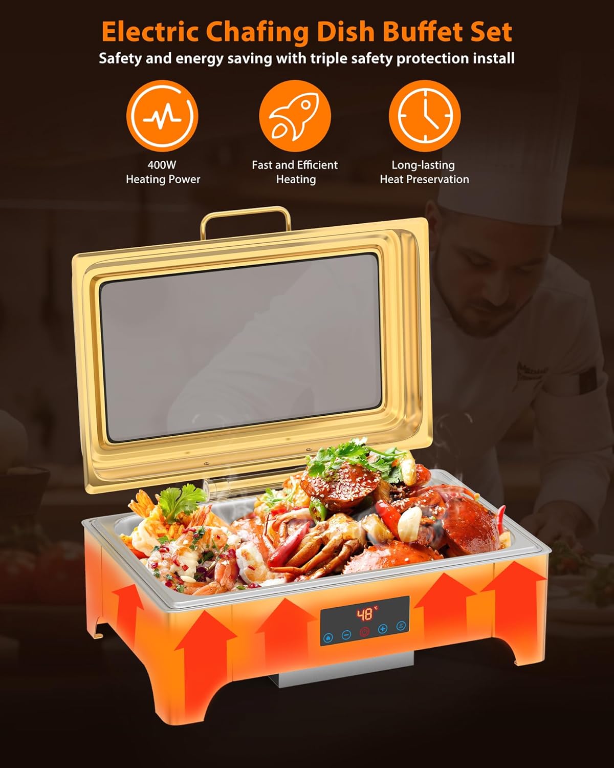 Electric Chafing Dish, 9QT Full Size Touch Screen Chafing Dishes for Buffet Roll Top Set Food Servers and Warmer with Glass Lid for Catering, Parties, Weddings, Gold