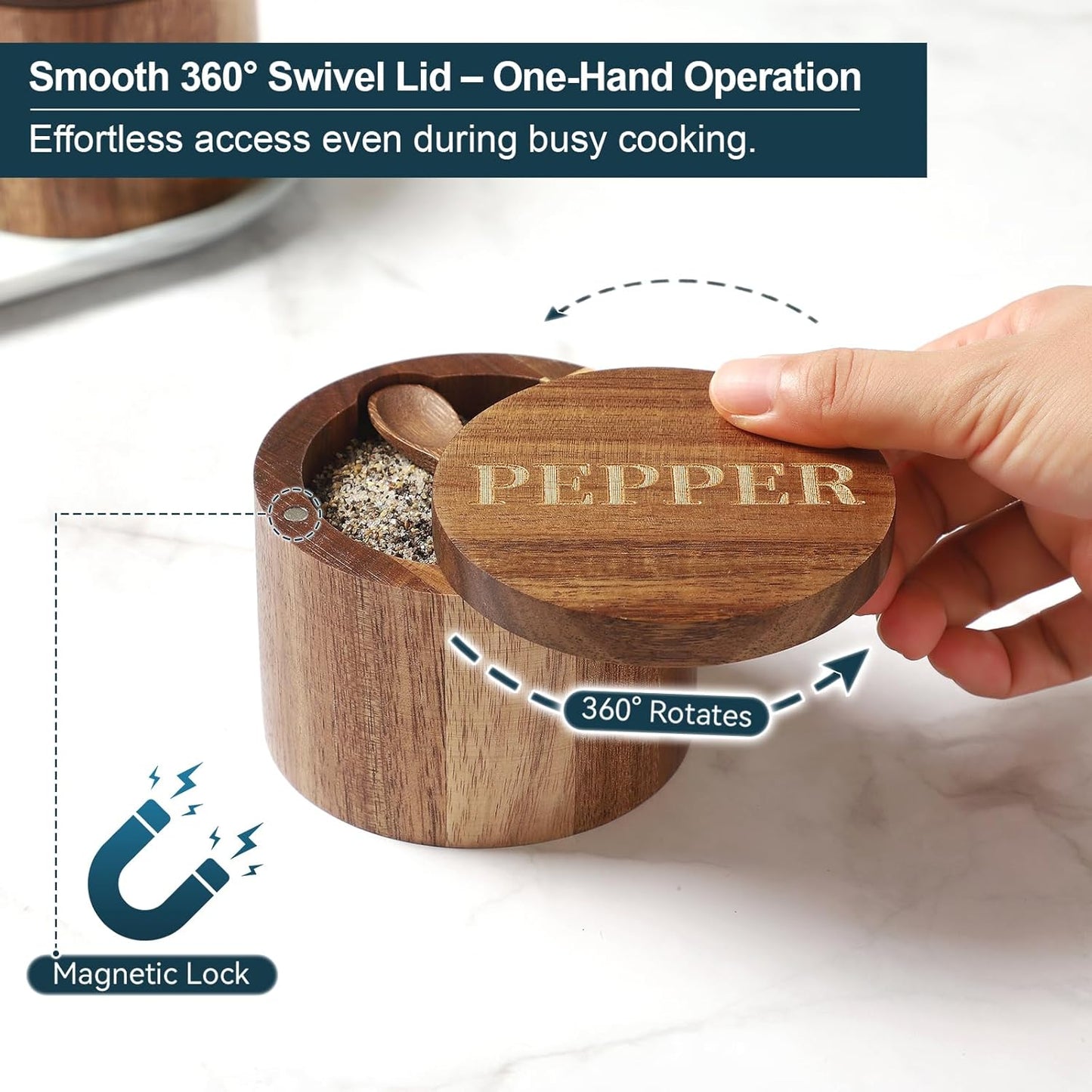 PEPPER Cellar, Acacia Wood Salt Container with Built-in Spoon & Swivel Lid, Engraved PEPPER Box, Salt Holder Bowl for Countertop Seasoning Storage