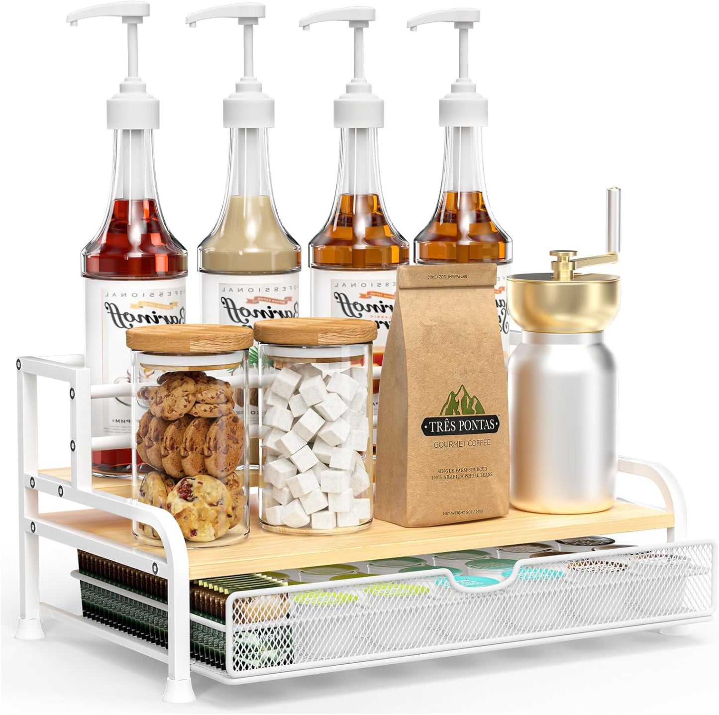 Coffee Syrup Rack Organizer, 3-Tier 8 Bottles Syrup Rack with 35 K Cup Storage Basket for Coffee Bar, Countertop Bottle Holder Stand for Wine, Dressing for Kitchen Cafe Station- White