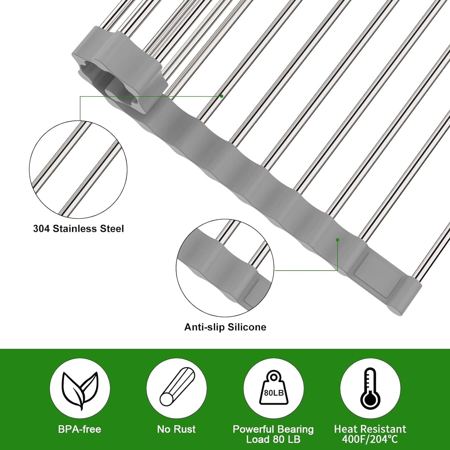 Expandable Roll Up Dish Drying Rack, 23.6"L x 15.7"W Large Stainless Steel Over The Sink Dish Drying Rack with Silicone Wrapped Anti-Slip Foldable Multipurpose Dish Drainers for Kitchen Sink
