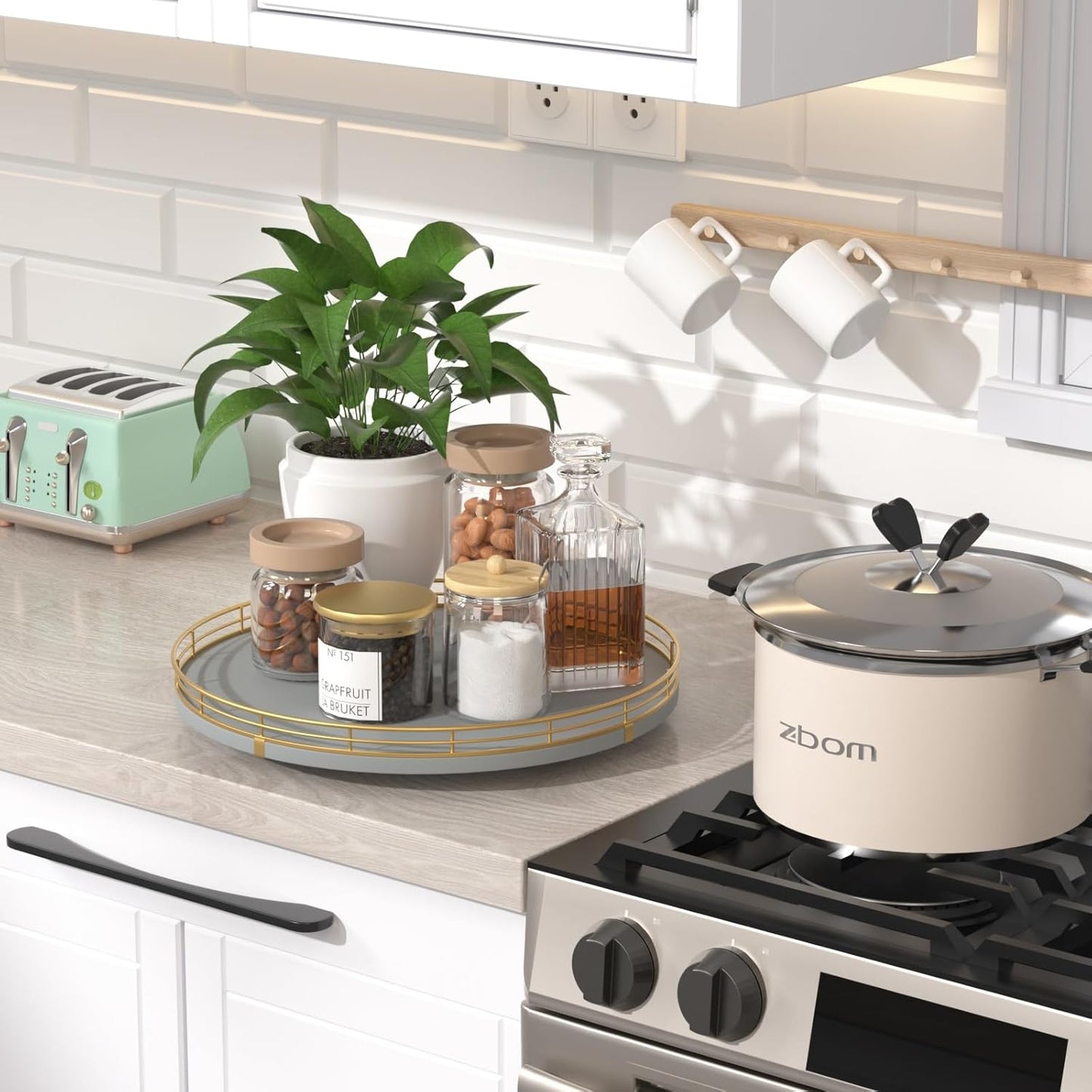 12" Wooden Lazy Susan Turntable for Cabinet – Roud Rotating Spice Rack Organizer, Gray Kitchen Countertop Tray for Dining Table & Pantry Storage （Gray & Gold）