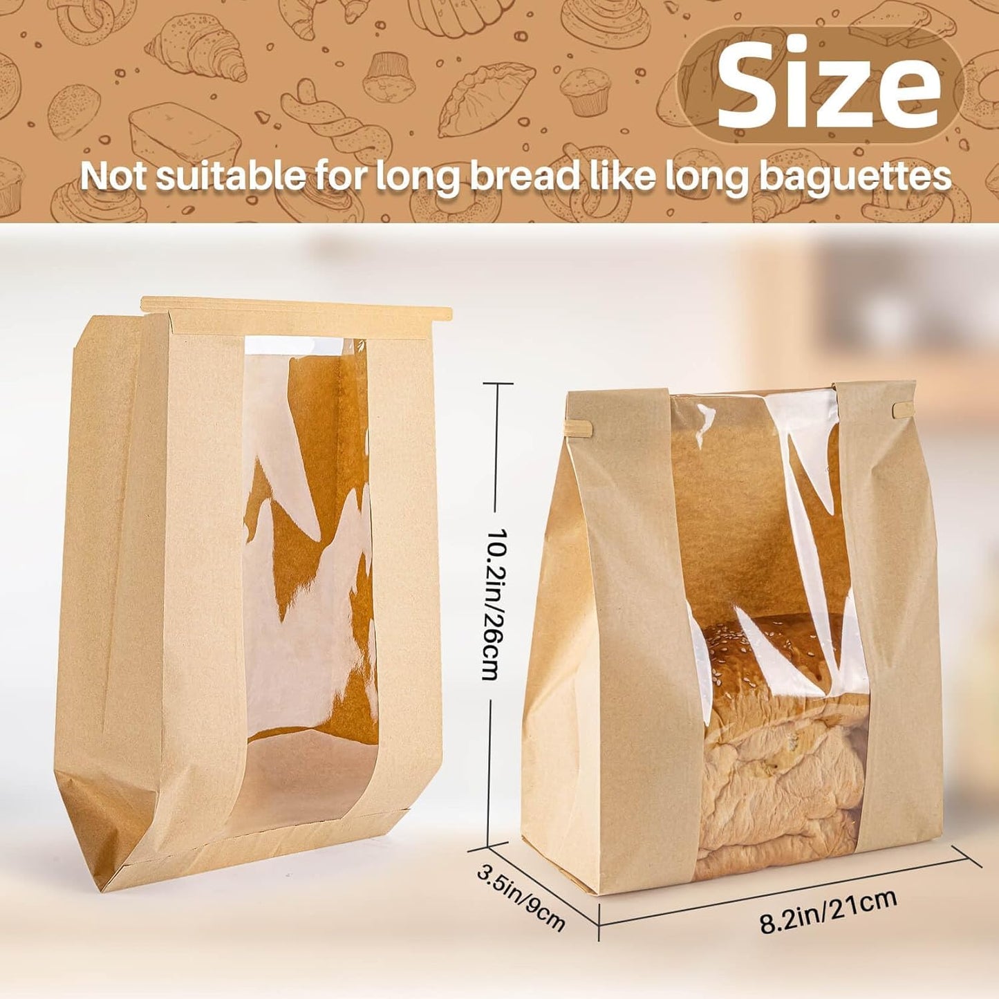 100Pcs Bread Bags with Reusable Ties - Homemade Sourdough Bread Storage Bags Brown Paper Bagel Loaf Bakery Bags with Window Toast Bags with Resealable Tie Disposable Baked Goods Sale Packaging