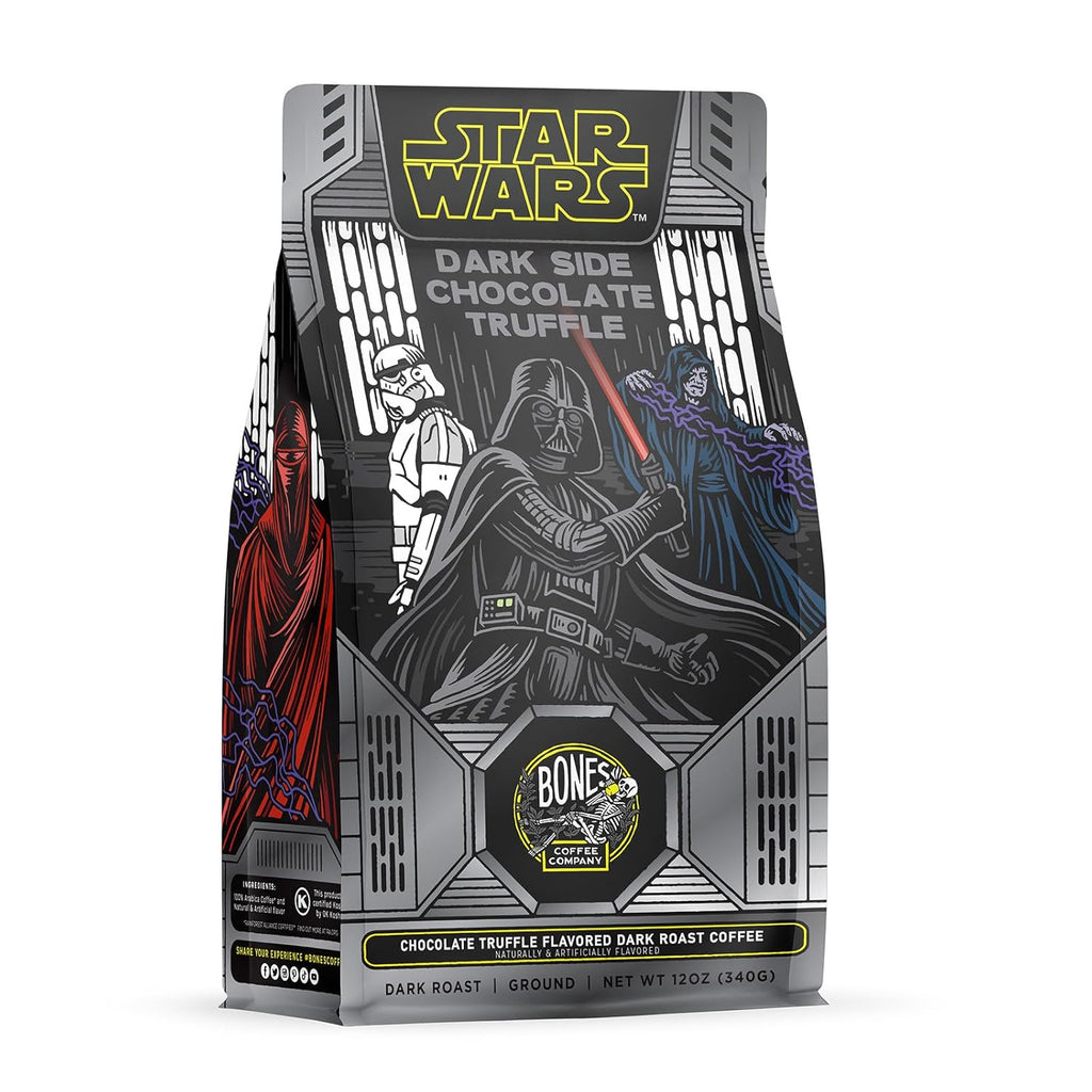 Bones Coffee Company Star Wars Dark Side, Chocolate Truffle Flavored Coffee, Medium Roast Low Acid Arabica Beans Compatible with Auto drip and French Press Coffee Maker, 12 Oz Ground