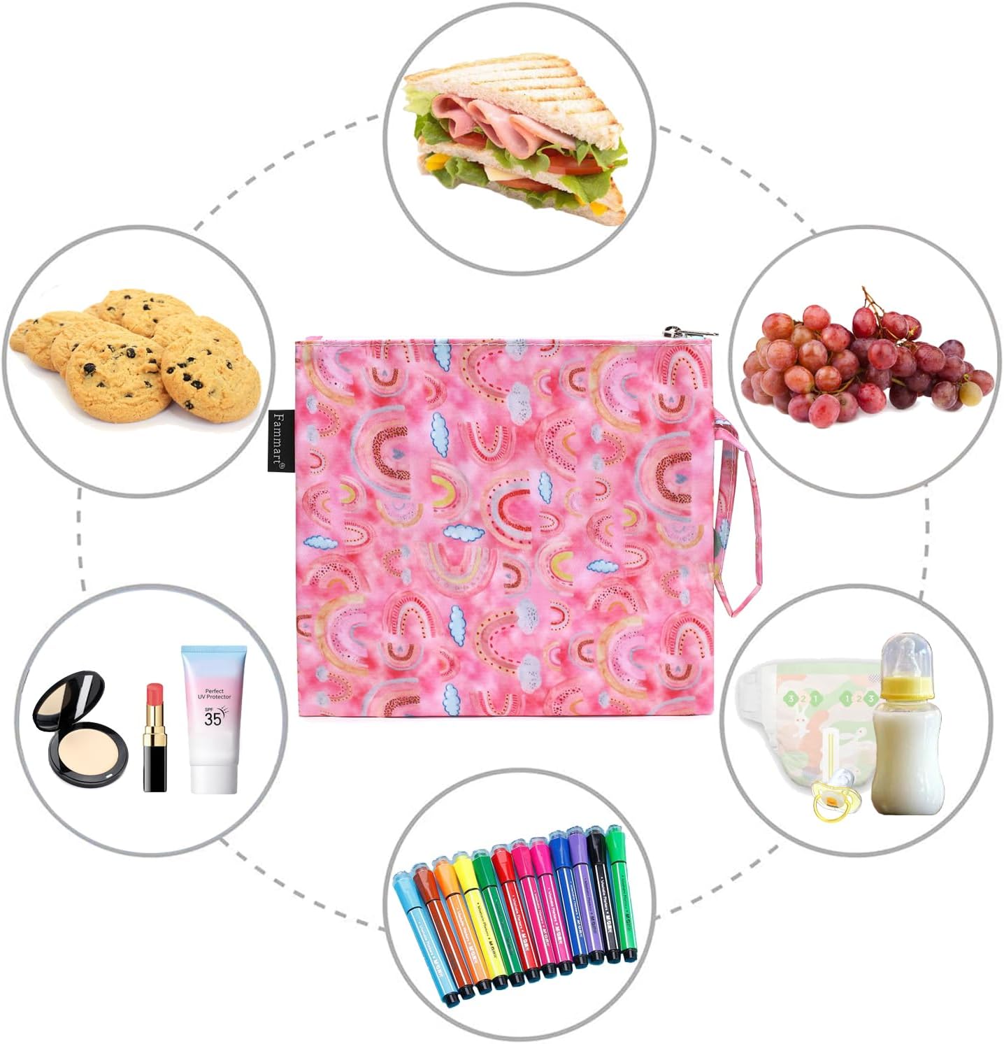 Reusable Sandwich Bag/Snack Bag for Kids & Adults, Dual Layer Lunch Bag with Handle, Washable, Food Safe, BPA Free (1-Pack, Rainbow)