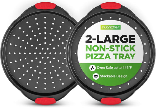 NutriChef 2-Piece 13-Inch Nonstick Pizza Tray, Round Carbon Steel Non-Stick Pizza Baking Pan with Perforated Holes, Premium Bakeware Pizza Screen with Silicone Grip Handles, Dishwasher Safe, NCBPIZX2