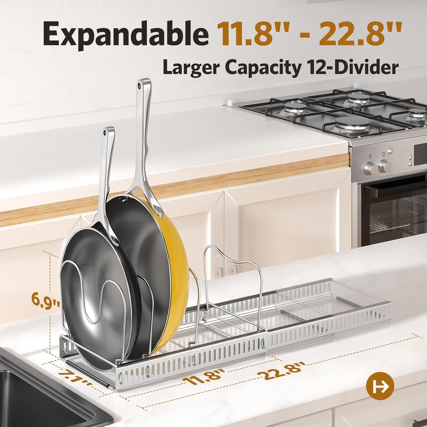 ORDORA Pots and Pans Organizer under Cabinet with Pan Holder: Expandable 11.8"-22.8" Kitchen Cabinet Organizer Rack, 12 Adjustable Dividers Storage for Cookie Sheets, Cutting Boards & Lid, Silver