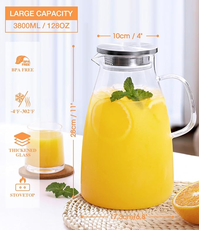 Glass Pitcher with Lid, 1 Gallon 128oz Water Pitcher with Handle and Spout - Image 3