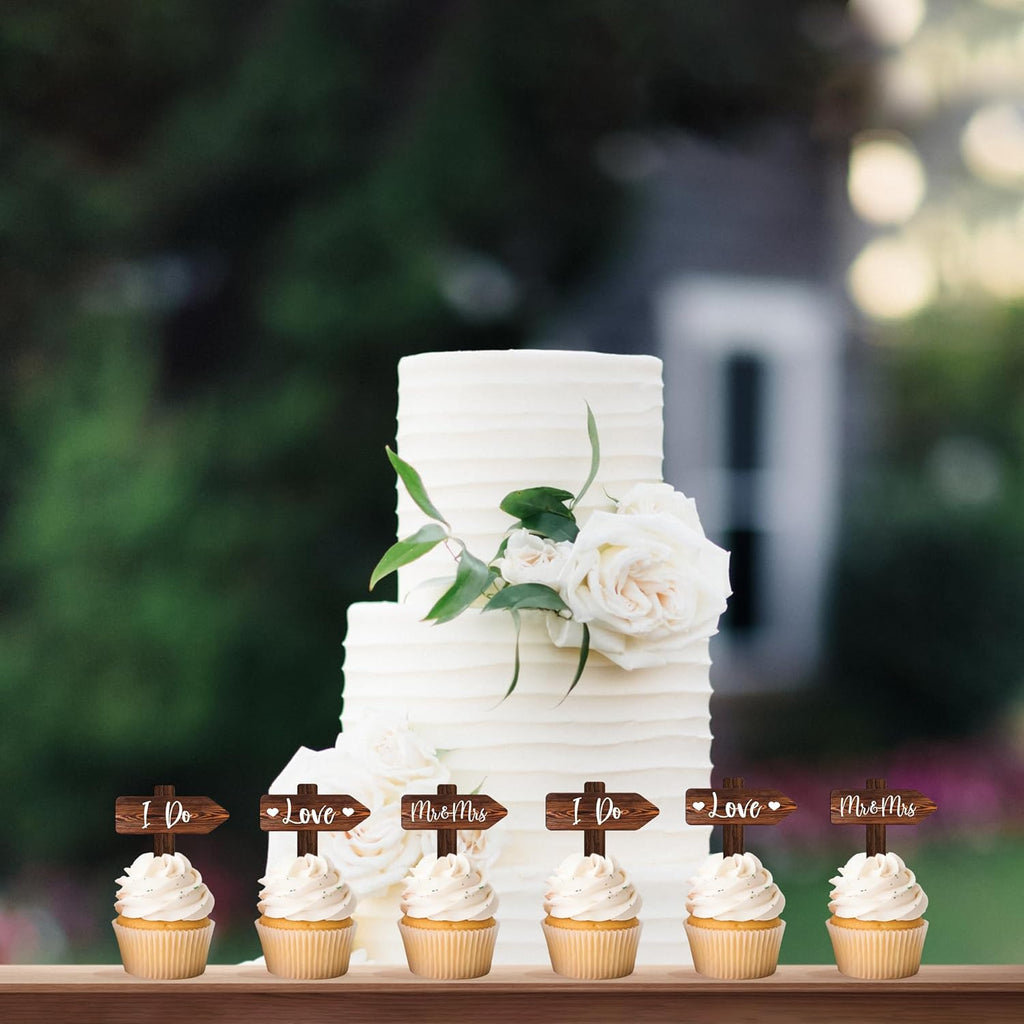 36 PCS Wedding Cupcake Toppers in Wood Rustic Wedding Cake Decoration
