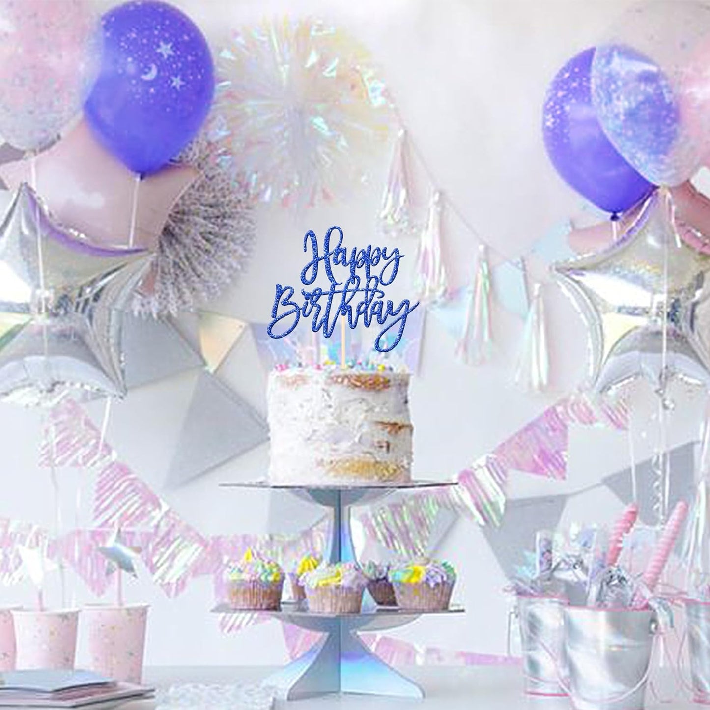 ZHUOWEISM 1 PCS Glitter Happy Birthday Cake Topper for Celebrating Anniversary Theme Party Cake Decorations Supplies Dark Blue
