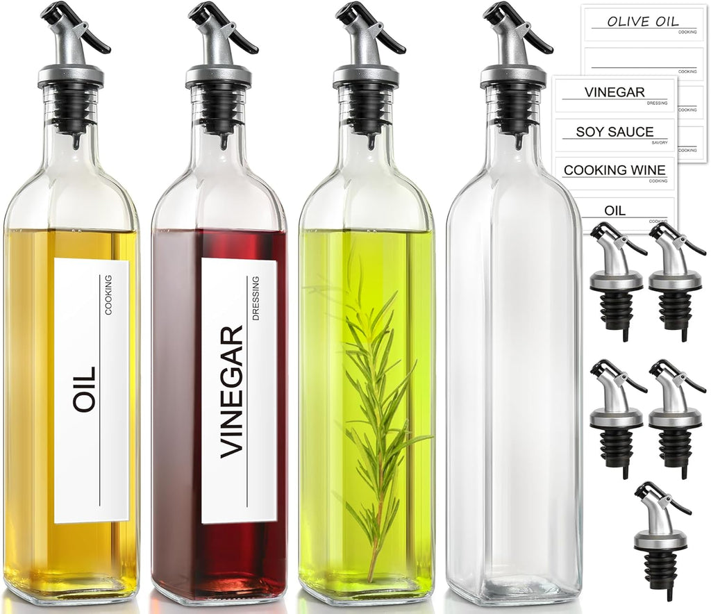 GMISUN Olive Oil Dispenser for Kitchen 4 Pack, Glass Oil Dispenser Bottle 17 fl oz, Cooking Soy Sauce Bottle Container Cruet with Plastic Pourer Spout, Funnel and Labels, Clear