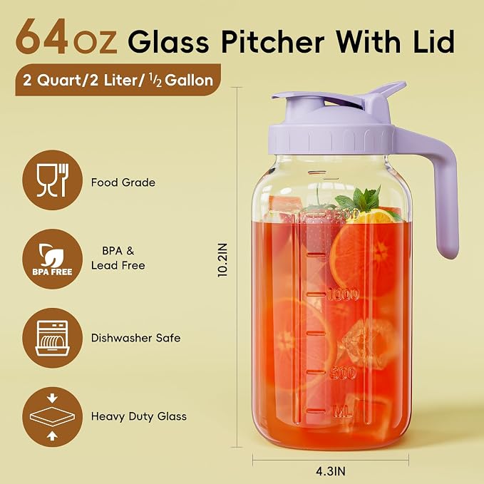 Glass Mason Jar Pitcher, 64 oz Wide Mouth Jug - Image 2