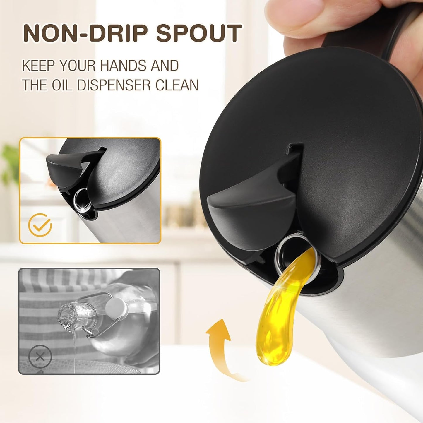 Vucchini Large Olive Oil Dispenser Bottle 17 oz - Auto Flip Condiment Container - Leakproof Vinegar Dispenser Glass Cruet Stainless Steel