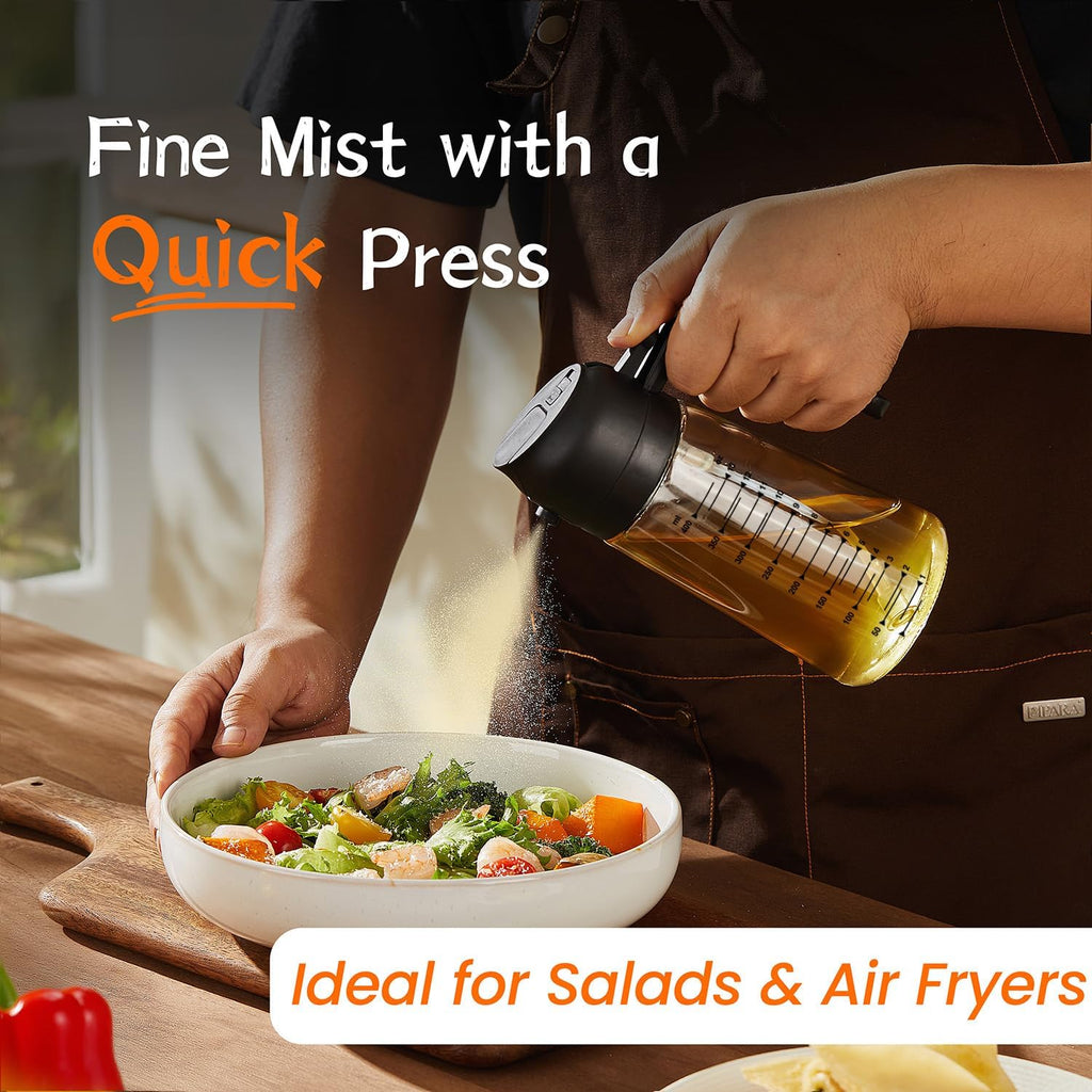 TrendPlain 16oz/470ml Glass Olive Oil Sprayer for Cooking – 2 in 1 Olive Oil Dispenser Bottle for Kitchen Gadgets and Air Fryer Accessories, Salad, BBQ - Black & Ash