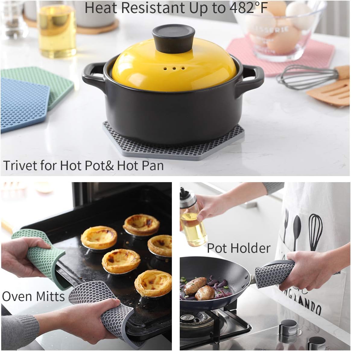 4 Packed Silicone Trivet Mats - DIY Different Size Dish Drying Mat, Hot Pot Holder for Pots & Pans, Non-Slip & Heat Resistant Kitchen Hot Pads for Countertops & Table, Turquoise