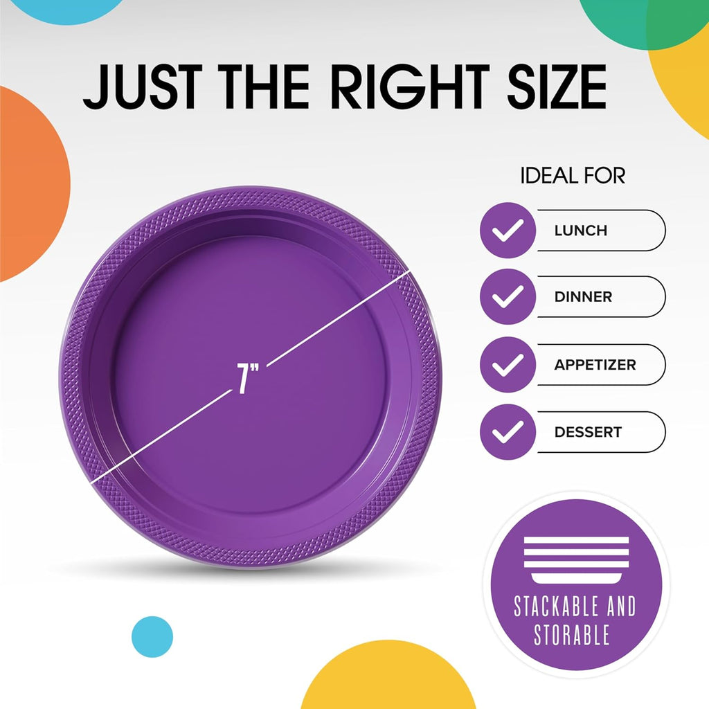 Exquisite Party Solids Purple Plastic Plates For Party 7" Purple Disposable Plates Heavy Duty Supplies 100 Pcs Plastic Dinnerware Sets Heavy Duty 350 GSM Disposable Dinnerware Set