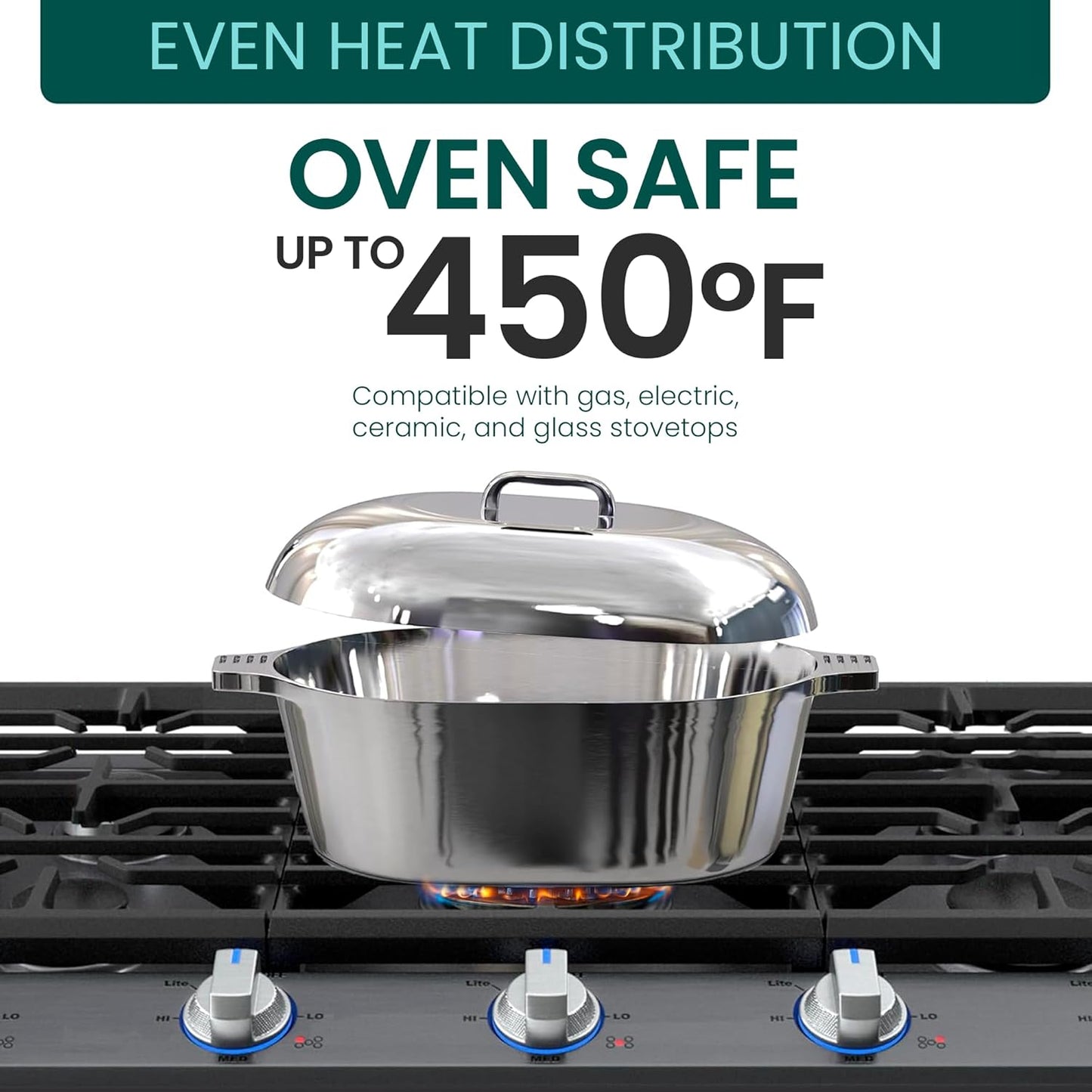 Cast Aluminum Oval Dutch Oven with Lid — 5 QT Heavy Duty Roaster Pan with Rack & Silicone Cover Dual Handles — Cajun Cookware for Roasting, Baking, Cooking (11" Small)