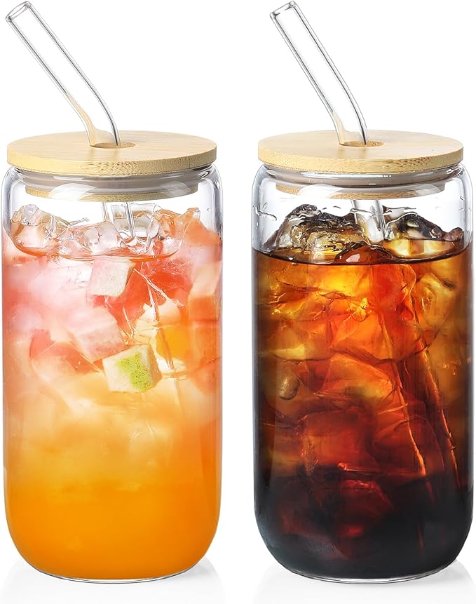 2 Pack Glass Cups with Bamboo Lids and Straws 16 oz, Gifts by NETANY