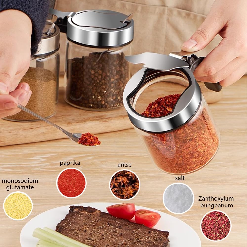 TINMIX Revolving Condiment Pots Sugar Bowl Salt & Pepper Cellar with Lid and Spoon, Set of 4 Seasoning Box Spice Jar with 360 Rotating Tray for Kitchen, 3 Pots+1 Oil Dispenser