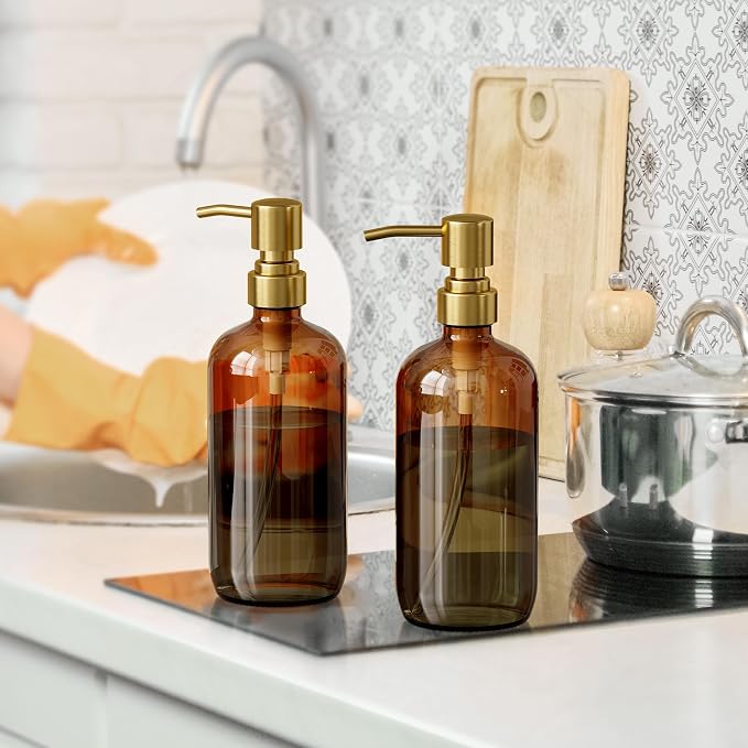 AmazerBath Amber Glass Soap Dispenser, 2 Pack Vintage Brown Bottle - Image 7