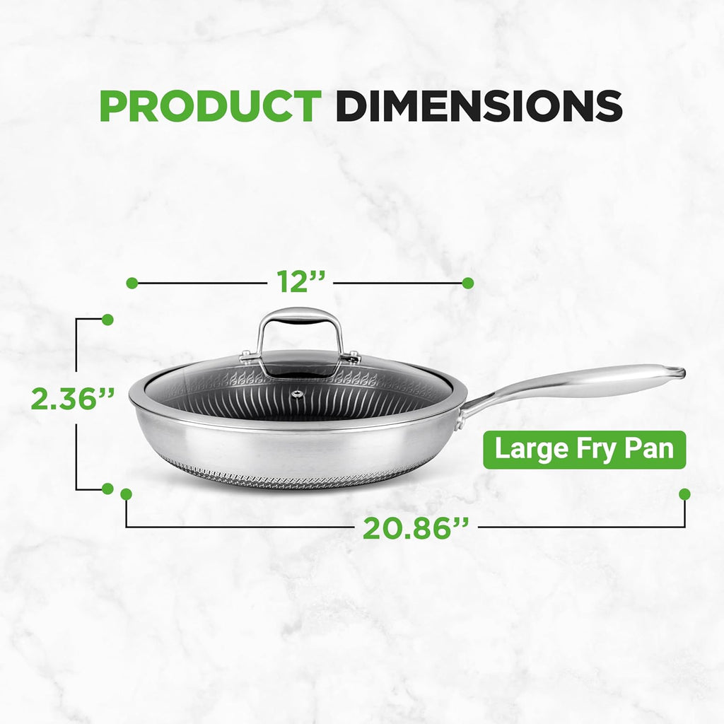 NutriChef 12" Stainless Steel Frying Pan - Triply Hybrid Skillet w/DAKIN Etching Non-Stick Coating, Scratch-resistant Raised-up Honeycomb Fire Textured Pattern, NC3PL12
