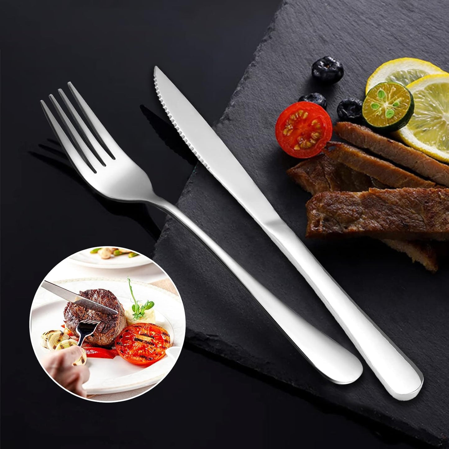 SANTUO 12 Pcs Silverware Set with 6 Steak Knives and 6 Dinner Forks,Flatware Set with Top Food Grade Stainless Steel,Tableware Cutlery Set For Home Restaurant Hotel, Mirror Finish, Dishwasher Safe