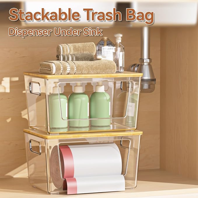 spospo Trash Bag Holder with Bamboo Lid, Stackable Trash Bag Dispenser - Image 2