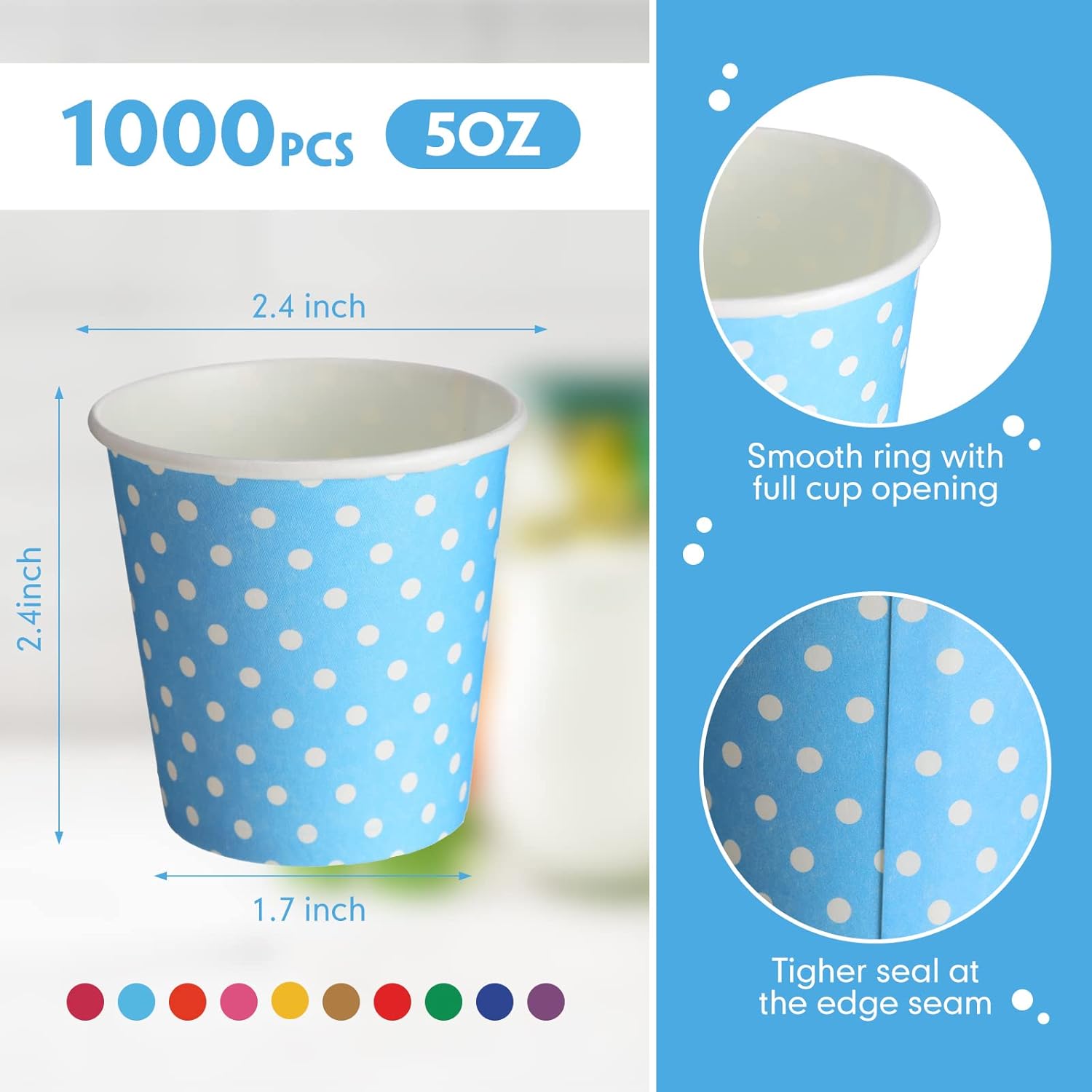 Thenshop 1000 Pack 5oz Paper Cups, Multicolor Small Disposable Cups, Dot Beverage Drinking Mini Mouthwash for Parties, Picnic, Travel, Barbecues and Event, 10 Colors