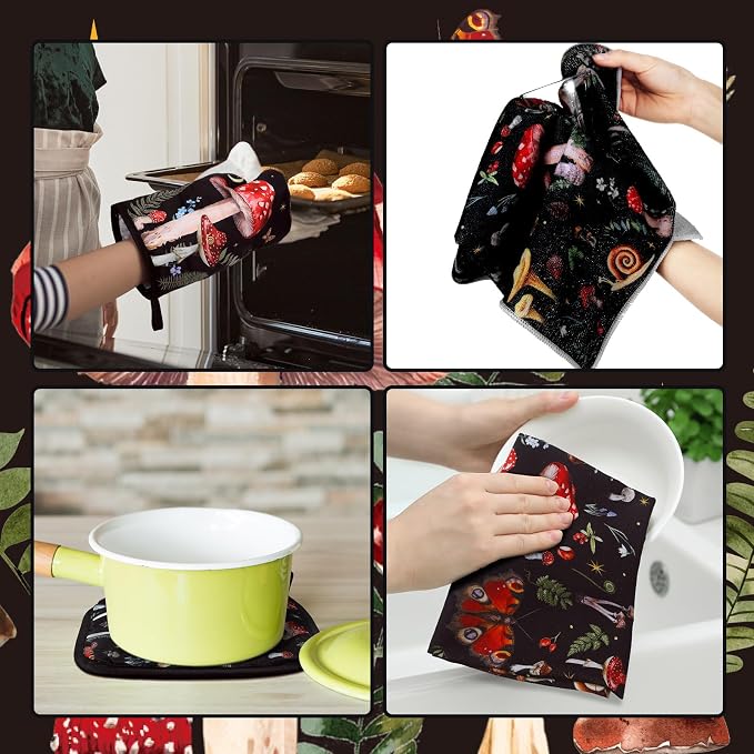 Bencailor 6 Pcs Mushroom Kitchen Towels Oven Mitts and Pot Holders Set - Image 6
