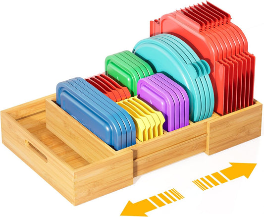Expandable Bamboo Lid Organizers Inside Cabinet, Kitchen Cabinet Organizers with 3 Adjustable Dividers, Storage Plastic Lids, Food Container Lid Holder Organizer for Drawer Pantry, Nature