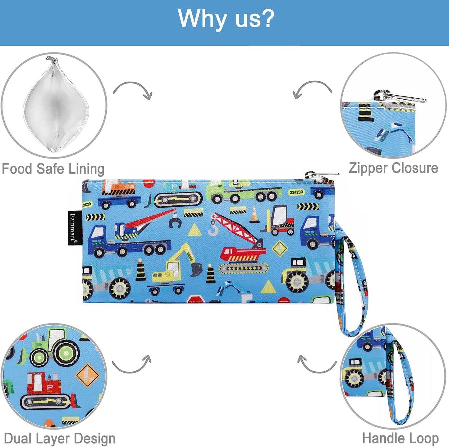 Reusable Sandwich Bag/Snack Bag for Kids & Adults, Dual Layer Lunch Bag with Handle, Washable, Food Safe, BPA Free (2-Pack, Car)