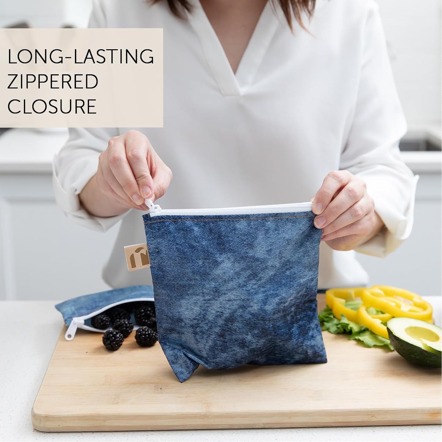 Roamio Reusable Sandwich and Snack Bags, for Kids School Lunch and for Adults Portion, Washable Fabric, Waterproof Cloth Zip Bag, Pack Travel Pouch, Food-Safe Storage, 4-pack Set Faux Denim On Denim