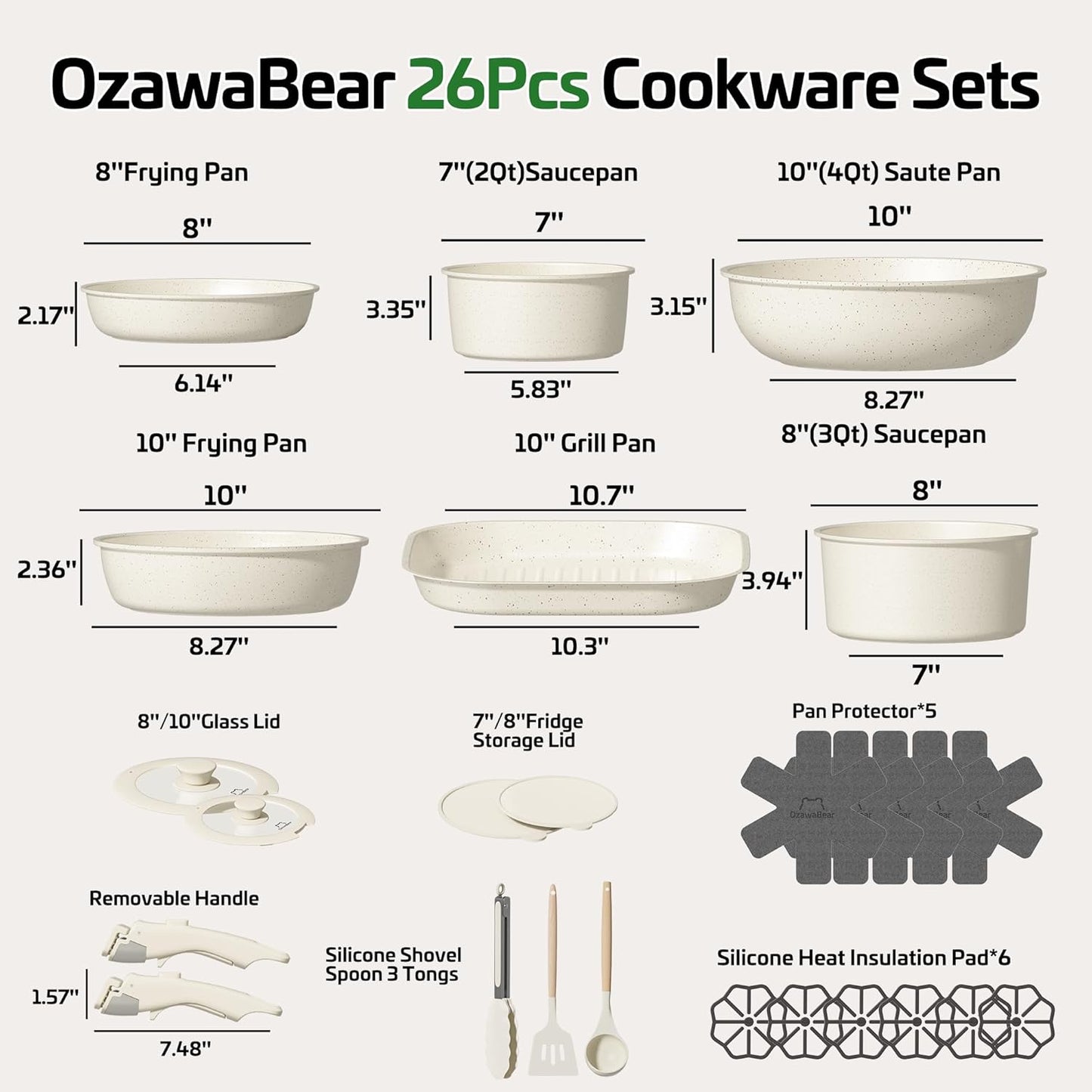 26 Pcs Pots and Pans Set Non Stick, Ceramic Cookware Set Non Toxic with Detachable Handles, Healthy Induction Cookware Dishwasher Oven Safe RV Kitchen Set, PFAS PFOA & PTFE Free, Cream White