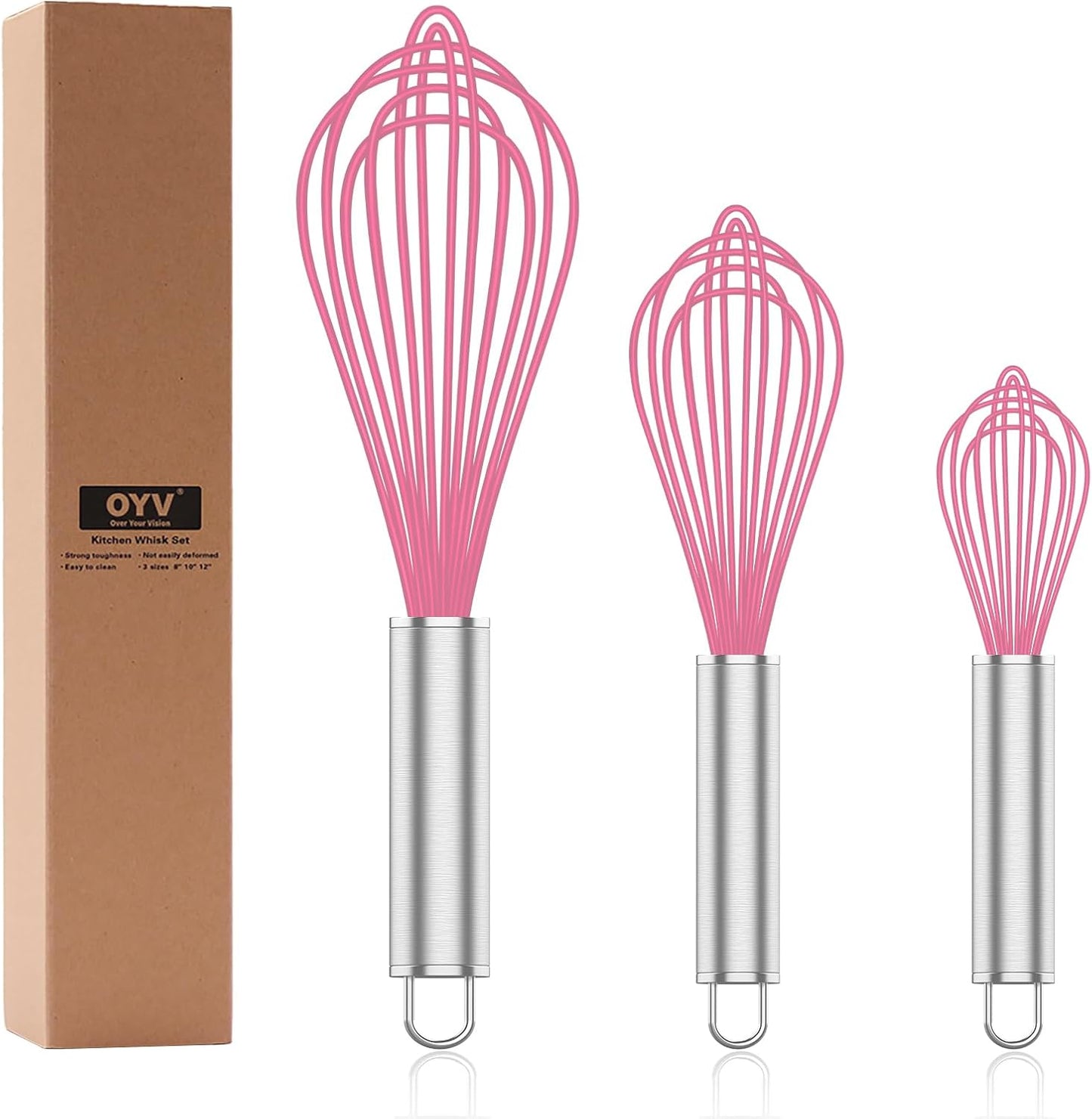 Pink Silicone Whisk, Professional Whisks For Cooking Non-Scratch, Stainless Steel & Silicone Wisk, Plastic Rubber Whisk Tool For Nonstick Cookware Pans, Silicon Wisks Set of 3
