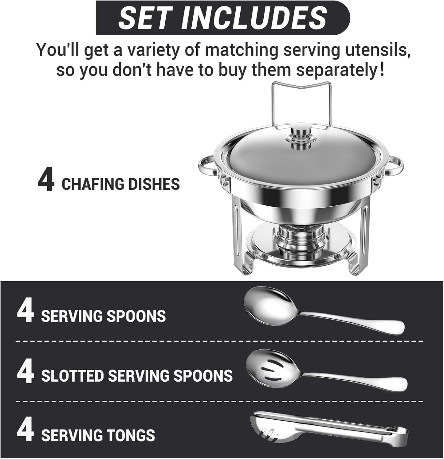 Round Chafing Dishes for Buffet 5 Qt,High Grade Chafing Dish Buffet Set with Stainless Steel Lid & Lid Holder,Full Size Pan,Food Warmers for Parties,Buffet,Wedding, Birthday 4 Pack (Silver)