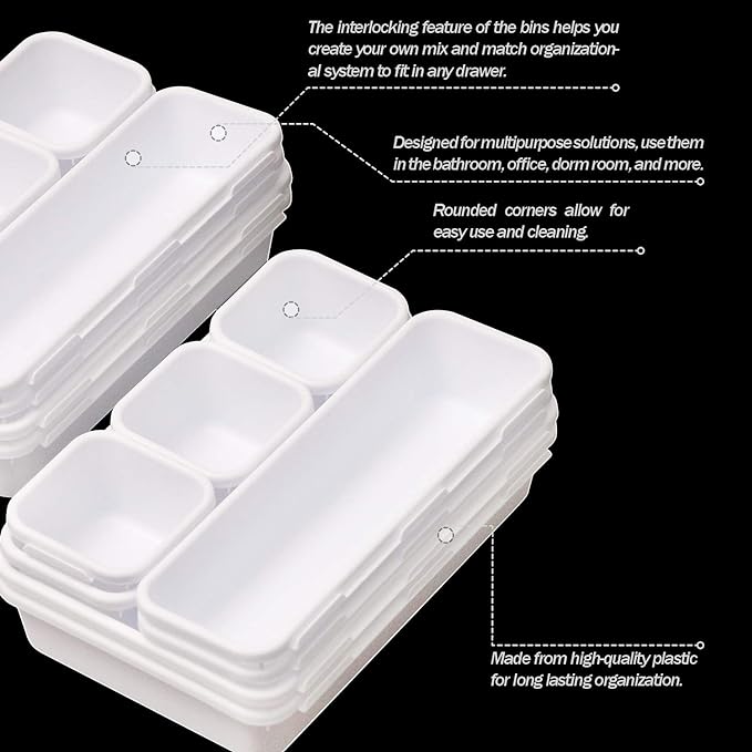 Set of 12 Interlocking Desk Drawer Organizer Tray Dividers Plastic Shallow - Image 4