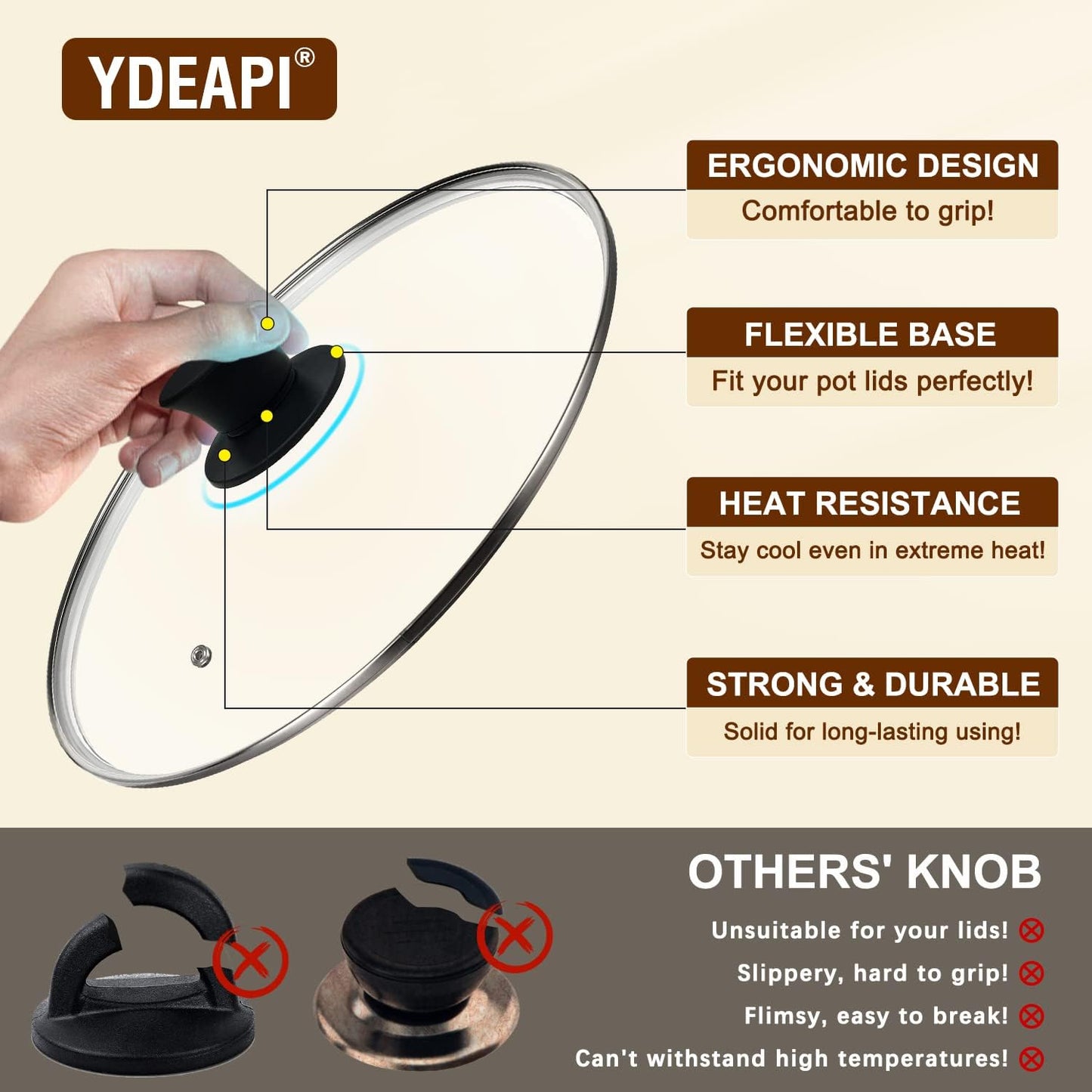 Universal Pot Lid Replacement Knobs, Ydeapi Silicone Pan Lid Holding Handles, Heat Resistant, Non-Slip Handle for Kitchen Cookware Lids and Covers (2 Packs)