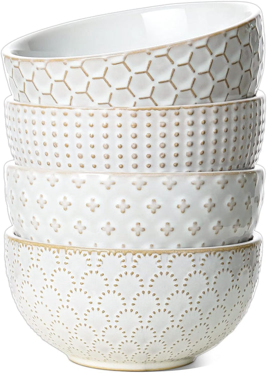 LE TAUCI Cereal bowls 26 oz, Ceramic Soup Bowl for Kitchen, Embossment Stoneware Bowl for Pho, Chip, Fruits, Salad, Noodle, Ramen, Suit For Housewarming - 6 Inch, Set of 4, Arctic white