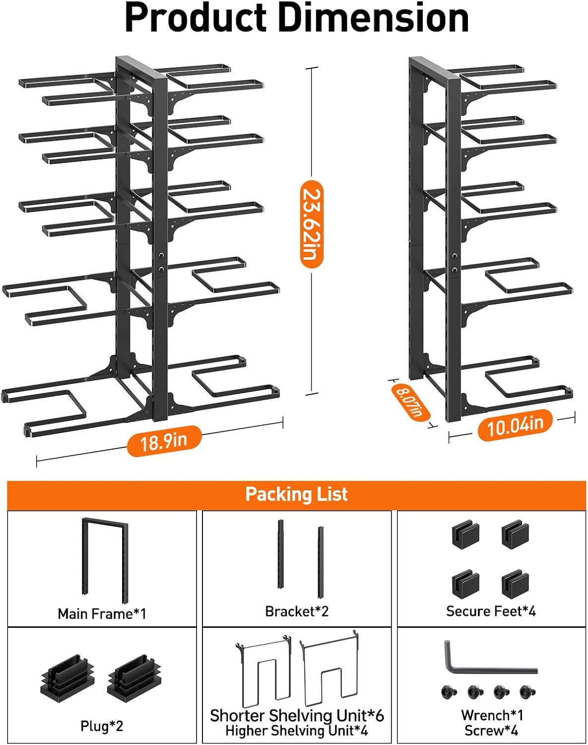 ORDORA 10-Tier Pots and Pans Organizer under Cabinet, Kitchen Cabinet Organizers and Storage, Heavy Duty Pots and Pan Storage Rack Organizer inside Cabinet, Adjustable