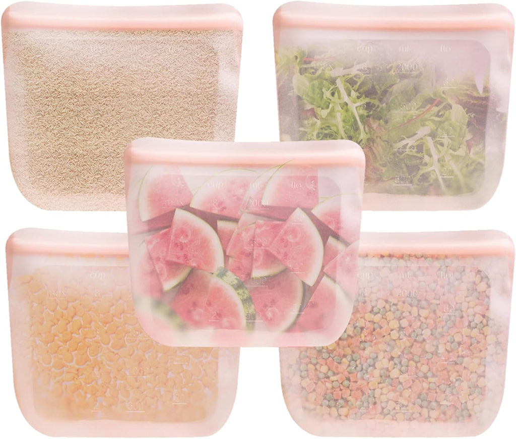 purifyou Set of 5 Reusable Silicone Storage Snack Bags 6oz / 16oz / 32oz / 64oz Self-Seal Food Storage Container for Fruits, Vegetables, Sandwiches, Dishwasher Safe & Leak-free (CloudPink, 64oz)